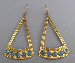 Vintage Gold Wash Sterling Long Triangle Blue Moonstone Cabochon Pierce Earrings