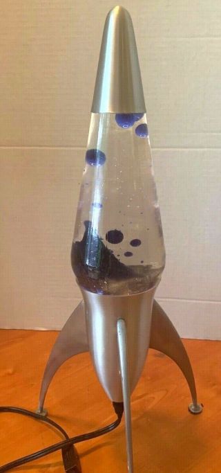 Vintage " Lava Lite " Lava Lamp Aluminum Spaceship Rocket Ship Blue/clear