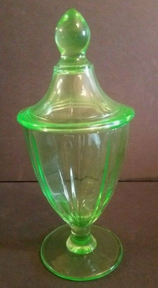 Vintage Uranium Green Vaseline Glass Pedestal Candy Dish Apothecary Jar Covered 2