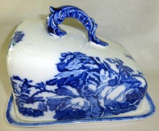 Vintage Ironstone England Staffordshire Covered Cheese Butter Keep Flow Blue 2