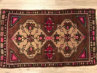 Floral Design Brown - Pink Turkish Handmade Small Rug,  Decorative Vintage Rug