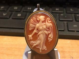 Gorgeous Antique Hand Carved Shell Cameo Pendant Sterling & 14kt Gold