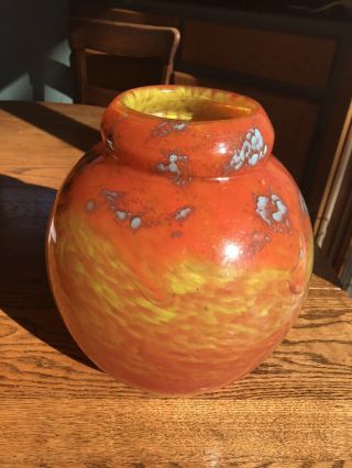 Rare Art Deco Schneider France Orange/yellow Mottled Large Art Glass Vase