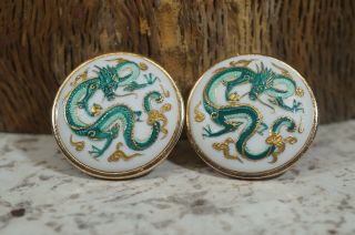 Vtg Pair Toshikane Hand Painted Porcelain Cufflinks Dragons 1 1/4 " Diameter