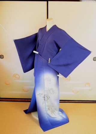 Kimono Tsukesage Silk Women Navy Blue Vintage Japanese Geisha Costume Robe /181