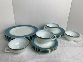 Vintage Pyrex Turquoise And White Dinnerware With Gold Trim Service For Four