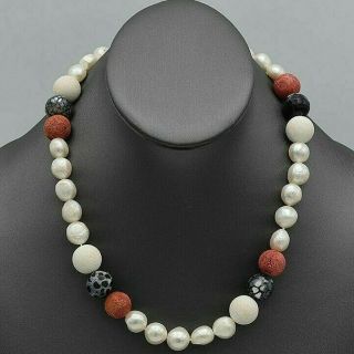 Vintage Sea Pearl & Red White Coral Beaded Strand Necklace 78.  5 Grams