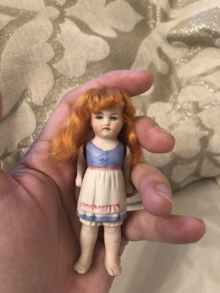 Antique Rare 3.  75” Hertwig? All Bisque Small German Doll W Molded Clothes