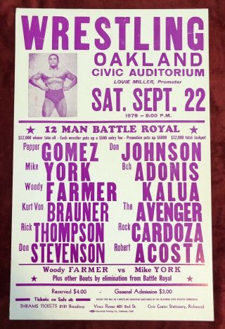Vintage Pro Wrestling Poster,  1979 California Great Shape Wwwf,  Wwf,  Nwa,  Wwe