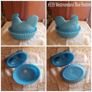 Westmoreland Blue Rooster Antique/vintage Milk Glass Covered Dish