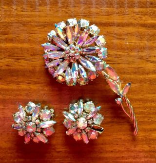 Signed Sherman Aurora Borealis Ab Flower Brooch & Clip - On Earrings