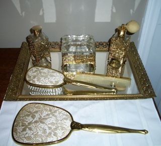 7 Piece Ladies Vintage Vanity Items Goldtone Hollywood Regency Tray Perfume
