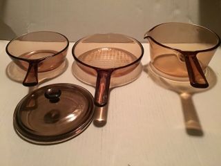 Vintage Corning Ware Visions Amber Cookware 6 Piece Set Saucepans Frypans Lid 3