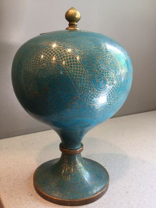 Antique Vtg Chinese Cloisonné Enameled Lidded Pedestal Bowl Double Dragon 8 "