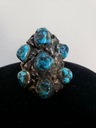 Large Vintage Navajo Sterling Silver Turquoise Ring Size 10.  25