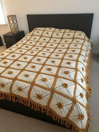 VTG Crochet Granny Square Handmade Throw Queen Size Bed Quilt 3