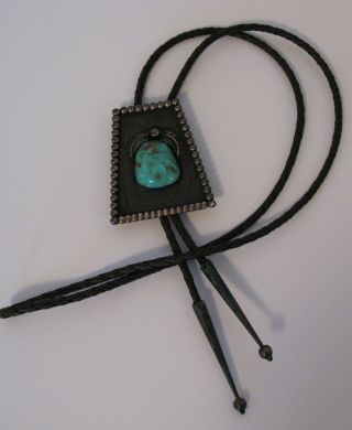 Vintage Navajo Sterling & Large Turquoise Stone Bolo Tie Ornate