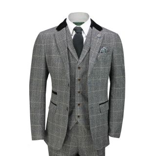 Mens 3 Piece Grey Herringbone Suit Vintage Tweed Navy Check Classic Tailored Fit