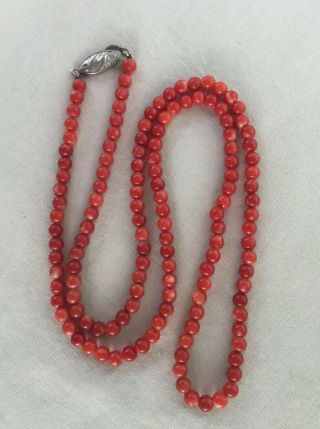 Vintage Sterling Natural Salmon Coral 4.  5 Mm Round Bead 24” Long Necklace.  18.  5gm
