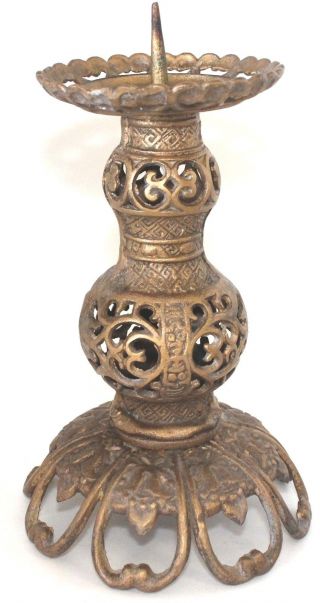 Vintage Painted Cast Iron Candle Holder Gold Bronze Color Japan Scallop Scroll 2