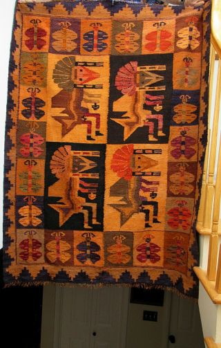 VINTAGE ESTATE HAND WOVEN PERUVIAN LAMBS WOOL RUG TAPESTRY WALL HANGING 2