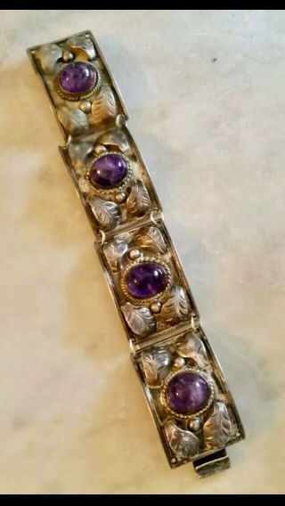 Vintage Amethyst & Sterling Silver Bracelet Taxco Mexico 1940’s 50’s