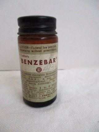 Vtg Benzebar Benzedrine Amphetamine Medicine Bottle - Smith Kline & French - Full