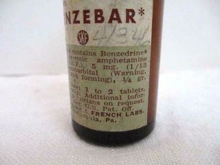 Vtg Benzebar Benzedrine Amphetamine Medicine Bottle - Smith Kline & French - Full 2