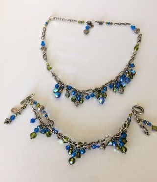 Tres Jolie Sterling Silver Blue & Green Crystal Beads Necklace & Bracelet Set