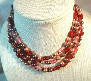 Miriam Haskell Vintage 4 - Strand Cranberry And Pink Glass Necklace Signed
