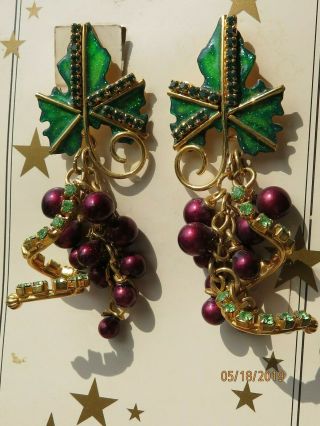 Vintage Signed Lunch At The Ritz Rhinestone " Cabernet " Grape Earrings