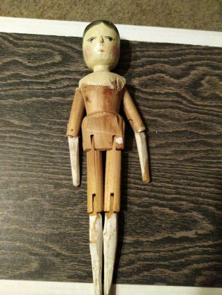 Antique German Vintage Wooden Penny Peg Doll Hand Carved & Hand Painted