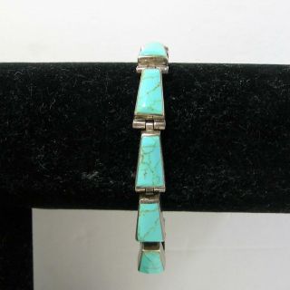 Vintage Sterling Silver 925 Turquoise Link 7 3/4 " Bracelet Taxco Mexico 33.  2 Gr