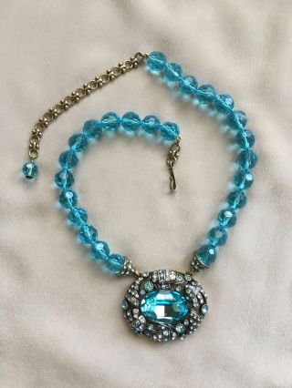 Spectacular Heidi Daus Necklace W/ Huge Deep Aqua Stone - Aqua Glass Beads