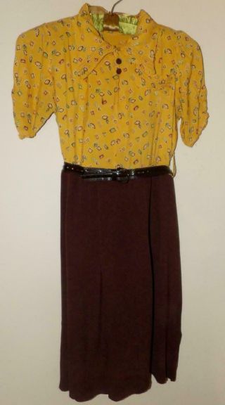 Sweet Orig Vintage 30s Novelty Print Yellow Brown Rayon Dress Petite Xs