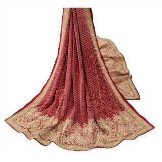 Sanskriti Vintage Red Heavy Dupatta Pure Satin Silk Hand Embroidered Zari Stole