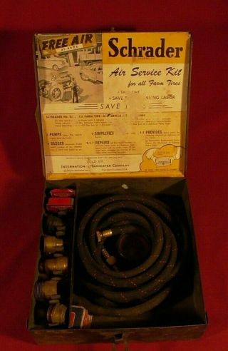 Vintage Schrader Air Service Kit International Harvester Co.  & Metal Cabinet Box