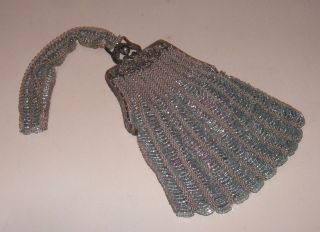 Antique Beaded Purse - Silver Floral Frame W/pale Blue Iridescent Beads