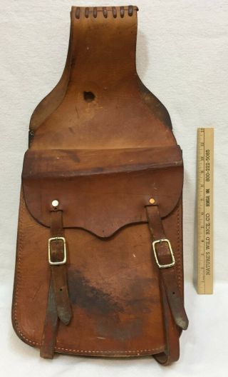 Leather Saddle Bag Vintage / Antique Double Bags W/ Center Strap 22523 Buckles