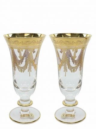Interglass Italy 2 - Pc Luxury Crystal Flute Glasses,  Vintage Design,  24k Gold