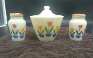 Vintage Fire King Tulip Range Set Salt & Pepper Shakers Grease Jar Bowl W/lids