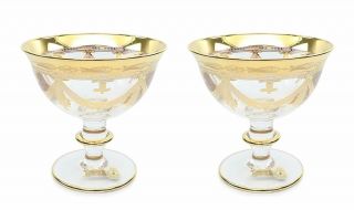 Interglass Italy 2 - Pc Luxury Clear Vintage Glass Compote Serving Bowl,  24k Gold