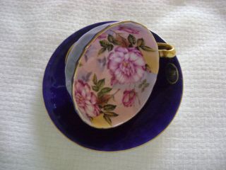 Vintage Aynsley Pink Cabbage Roses Cobalt Blue Cup & Saucer Gold Gilt