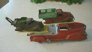 Truck Carrier By Marx And 2 Small Trucks Wrecker Stake Bed Wind Up Vintage