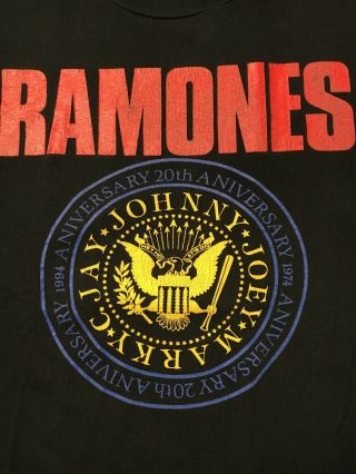 Vintage Ramones 20th Anniversary (1974 - 1994) T - shirt Size XL Punk CBGB 2