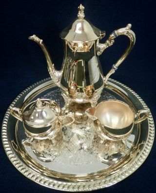 Exquisite Vintage 24 Kt Gold Plated Tea Coffee Set Platter Pot Creamer & Sugar