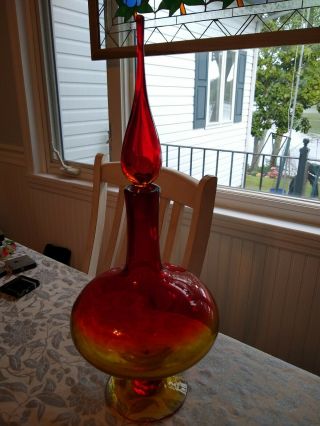 Huge 19 " Tall Vintage Blenko Amberina Red/tangerine Orange Art - Glass Decanter
