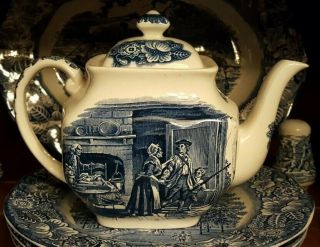 Vintage Liberty Blue Teapot From Historical Colonial Scenes Series