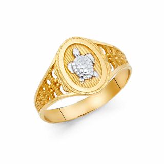 Women 14k Yellow White Real Gold Turtle Vintage Fashion Ring Band