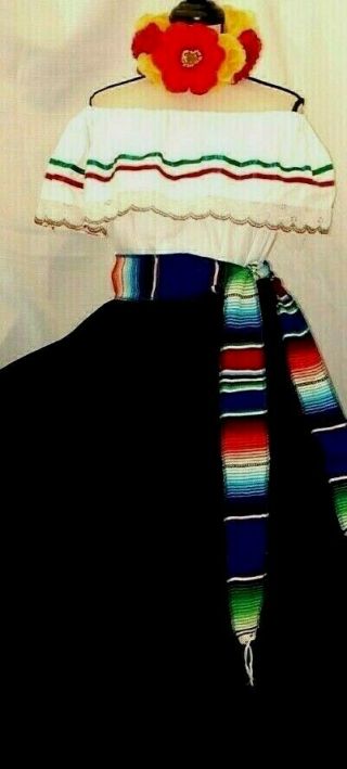 5 De Mayo Black Traditional Mexican Maxi Dress 3pc Sash Adelita Folklorico Vtg